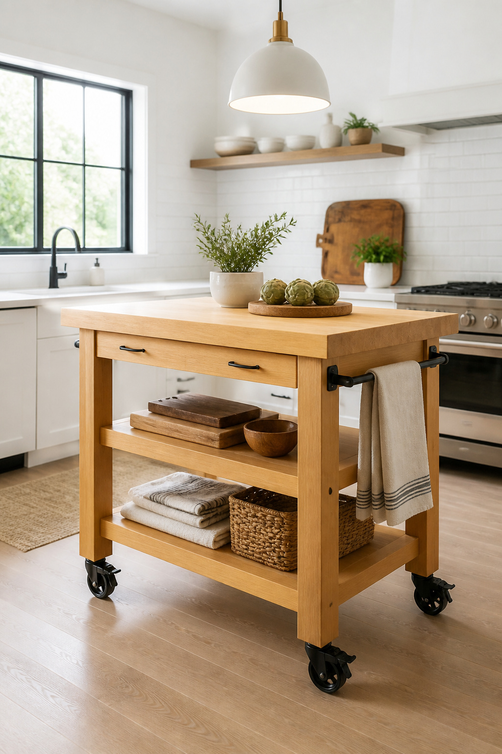 A rolling butcher block island with locking casters — the most flexible of kitchen island ideas for renters, small kitchens, or anyone renovating in phases.