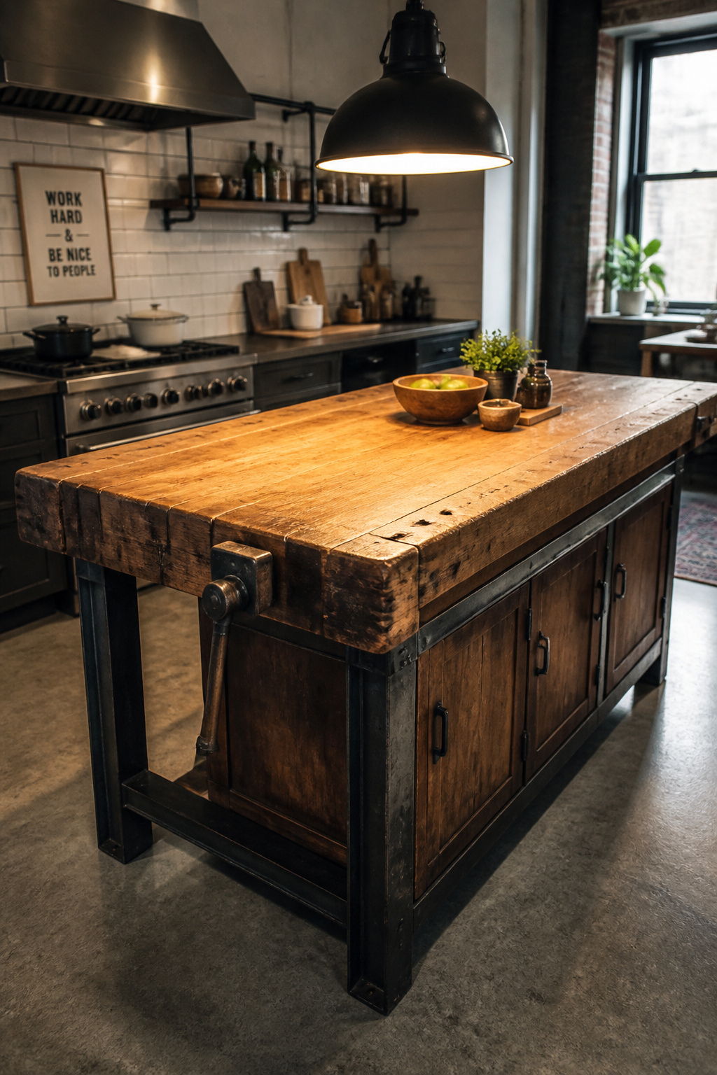 A vintage machinist's workbench repurposed as a kitchen island — the most characterful of all kitchen island ideas, and possibly the most practical.
