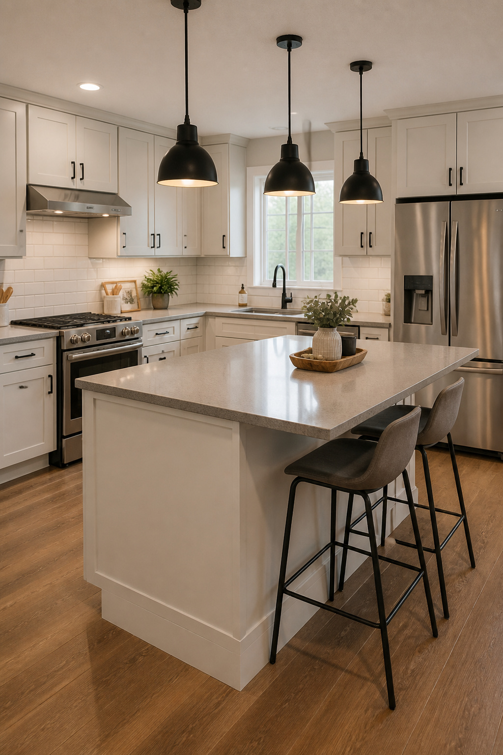A breakfast bar island with properly sized overhang and coordinated pendant lighting — one of the kitchen island ideas that has the most impact on daily household behavior.