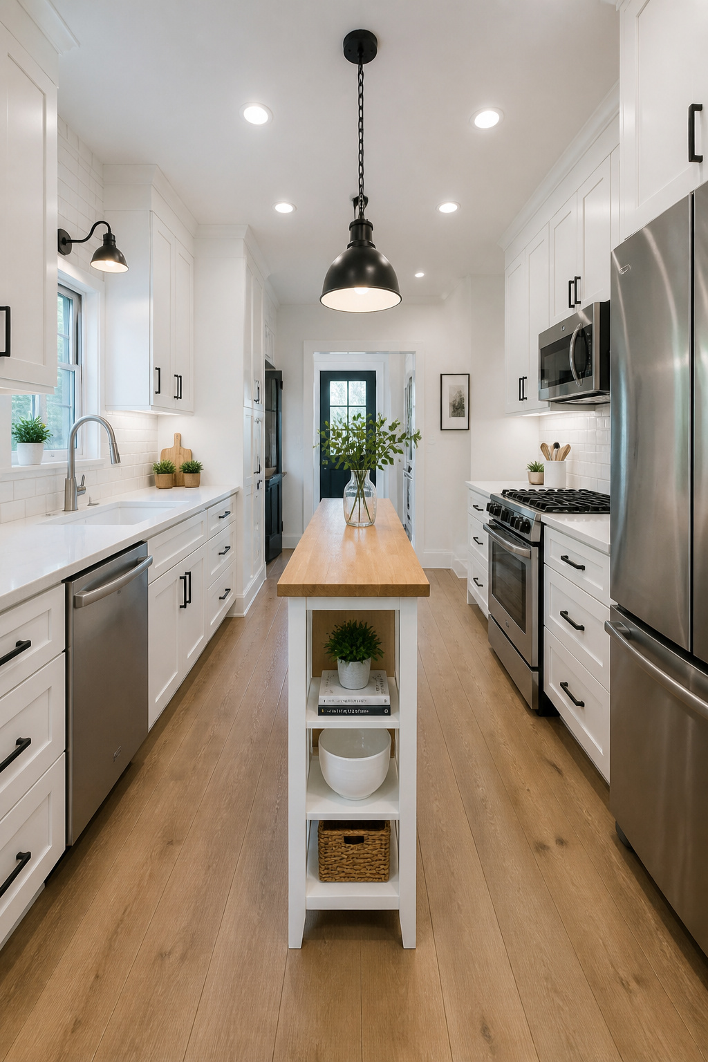 A narrow island in a galley layout — one of the kitchen island ideas that most people dismiss too quickly without doing the actual clearance math.