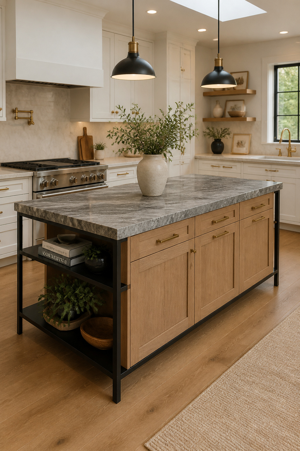 An island combining wood, metal, and stone — the most complex of these kitchen island ideas to design well, and one of the most rewarding to live with.