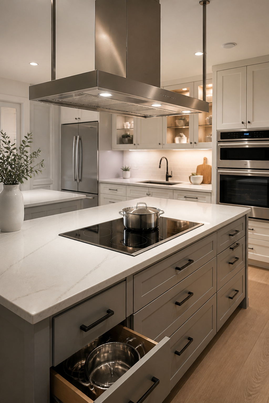 An island with integrated induction cooktop and suspended range hood — one of the more complex kitchen island ideas, but the one that most fundamentally changes how a kitchen functions.