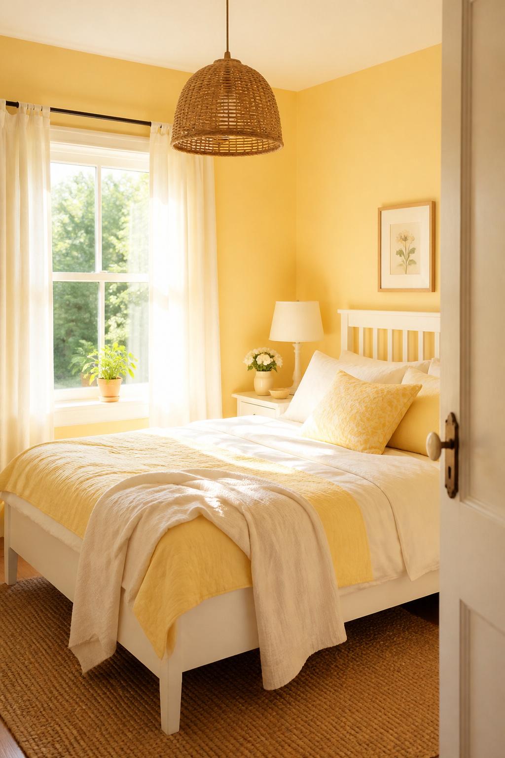 Butter yellow bedroom walls work best in rooms used through the morning — the soft golden warmth energizes without stimulating.