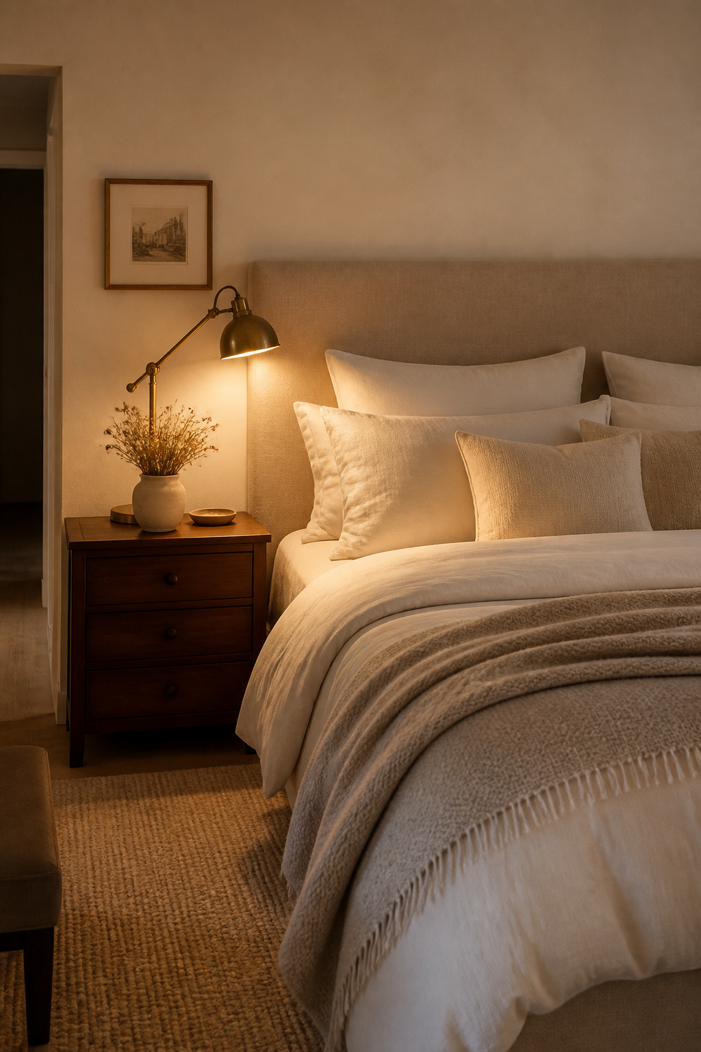 Warm creamy white bedroom walls photograph beautifully and feel consistently restful in both morning and evening light.