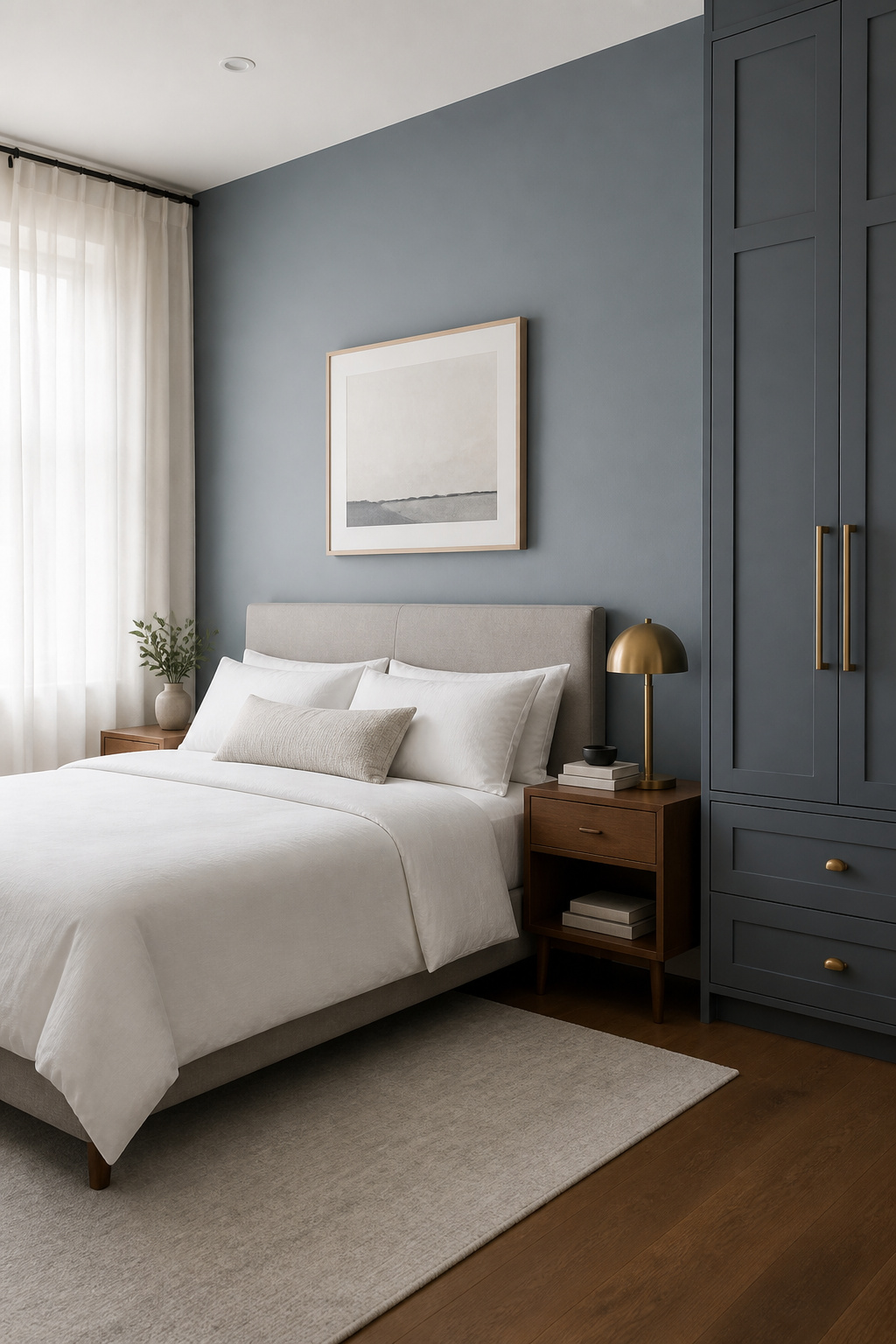 Steel blue bedroom walls feel calm, sophisticated, and genuinely gender-neutral — one of the most versatile bedroom paint colors for shared spaces.