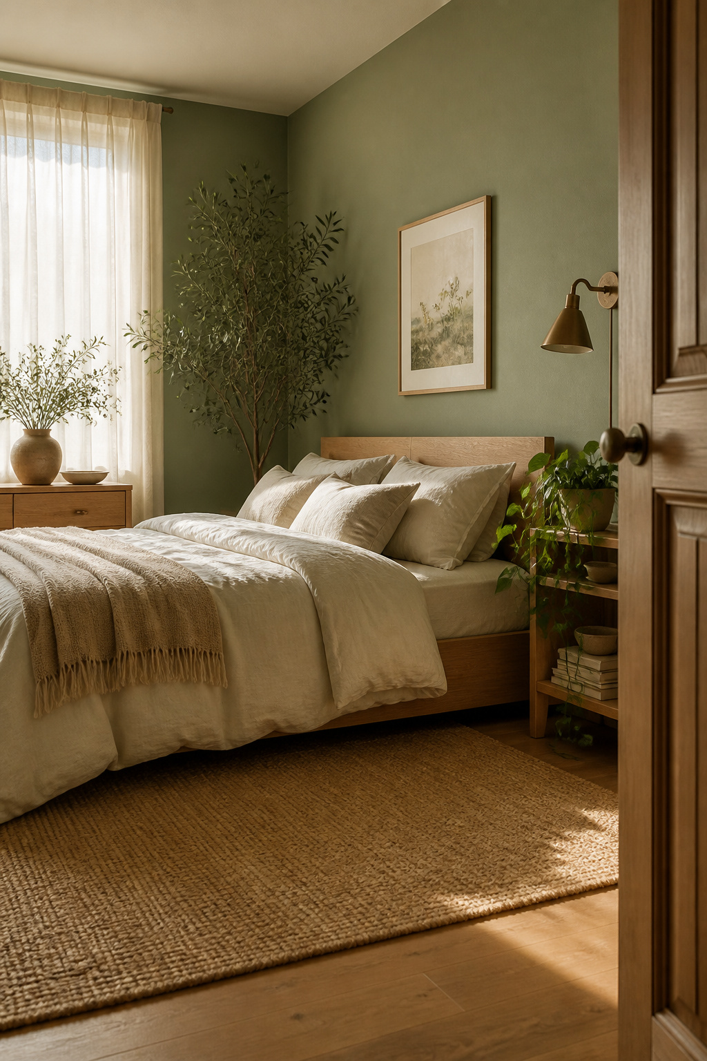 Soft sage green walls paired with natural linen bedding create a grounded, restorative space rooted in biophilic design principles.