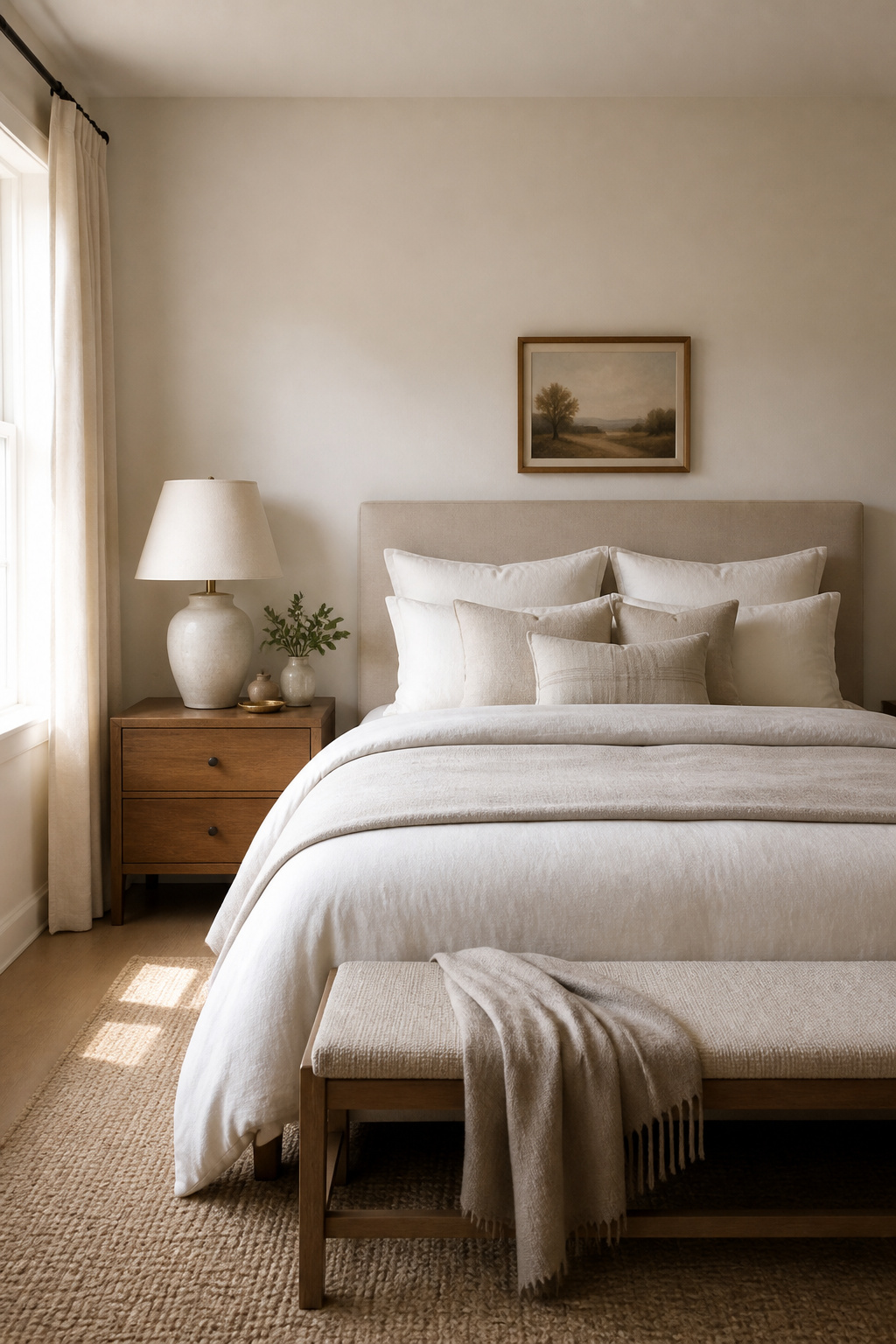 Linen off-white bedroom walls provide the most consistently restful backdrop — quiet enough to disappear and warm enough to always feel inviting.
