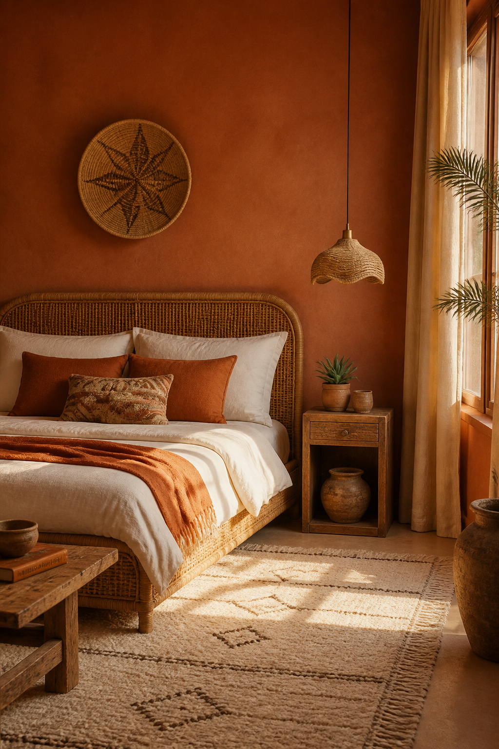 Soft terracotta bedroom walls absorb and radiate warmth — particularly effective in rooms with afternoon or evening sun exposure.