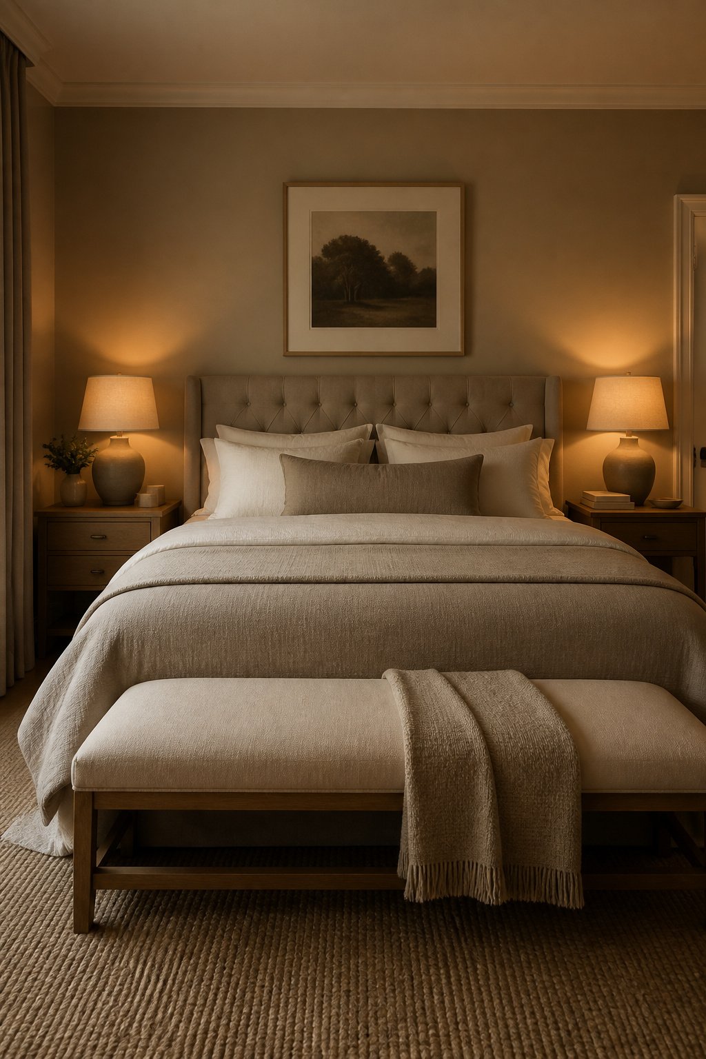 Warm greige is one of the most versatile bedroom paint colors — it adapts to warm furnishings and cool ones with equal ease.