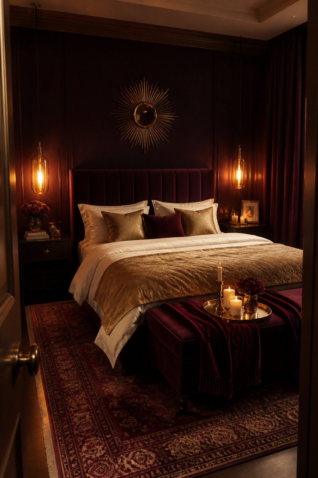 Moody plum bedroom walls reward warm, layered lighting — under the right conditions, they create a depth and richness that no other bedroom paint color quite matches.