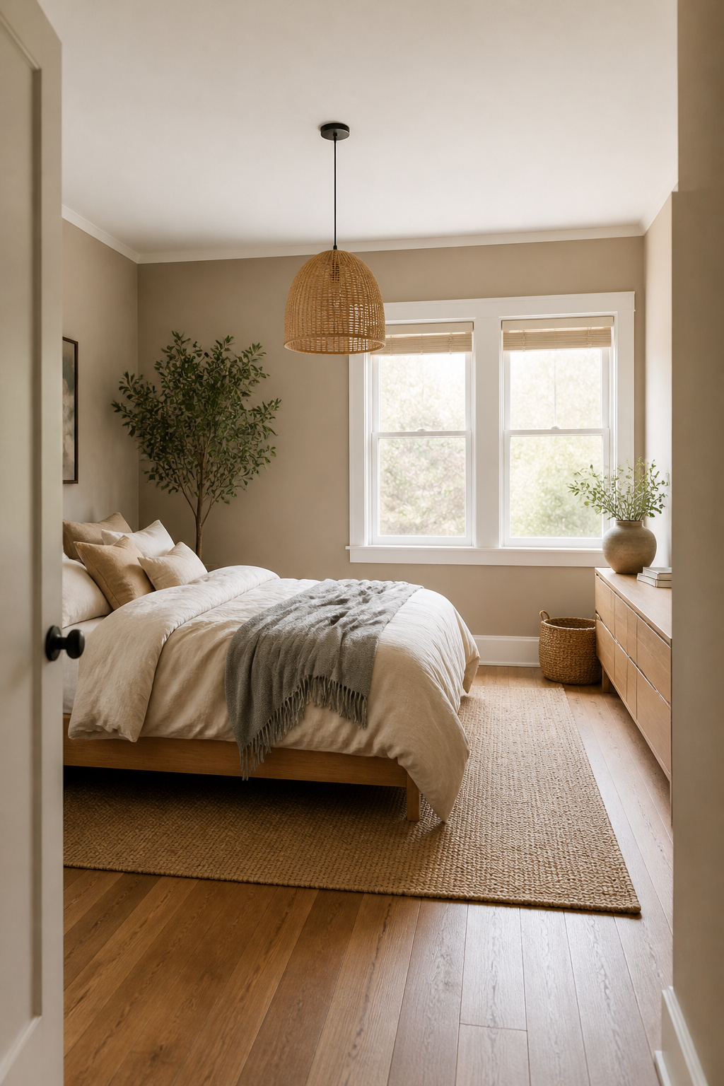 Warm taupe bedroom walls are among the most consistently versatile bedroom paint colors — shifting naturally between warm beige and sophisticated grey depending on the light.