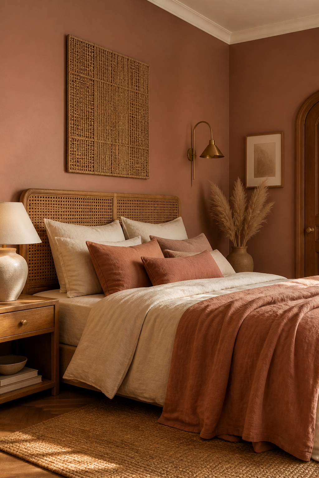 Dusty rose bedroom walls read as warm and intimate in evening light, making the space feel naturally inviting rather than deliberately styled.