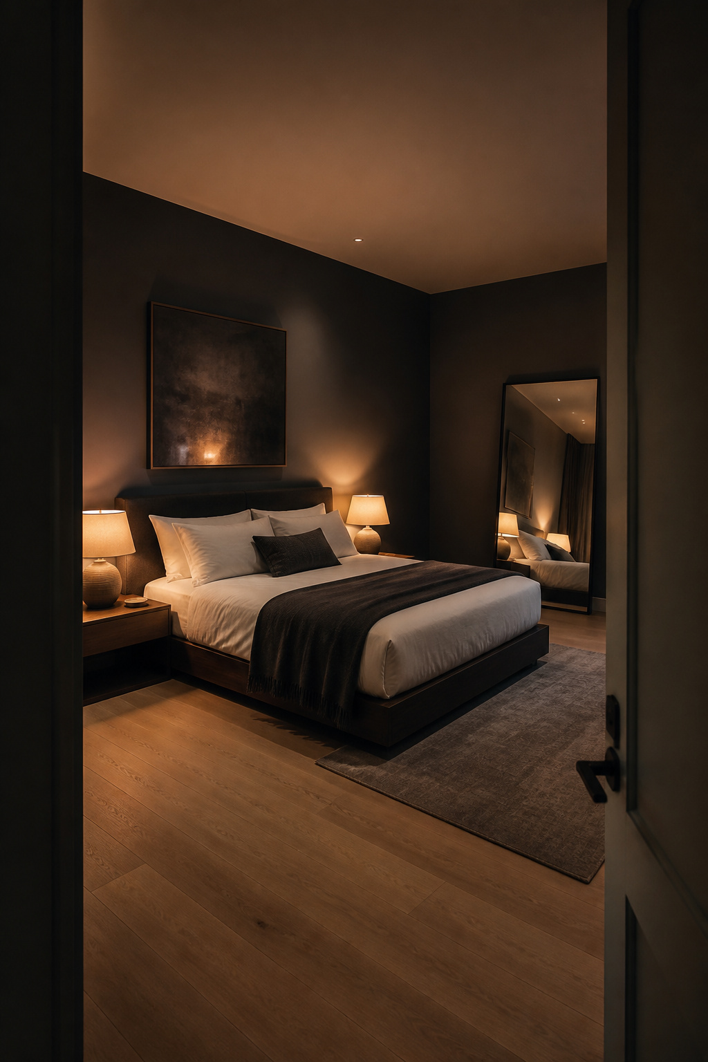 Charcoal bedroom walls create a low-ambient-brightness sleep environment — among the most recommended bedroom paint colors for deep, uninterrupted rest.
