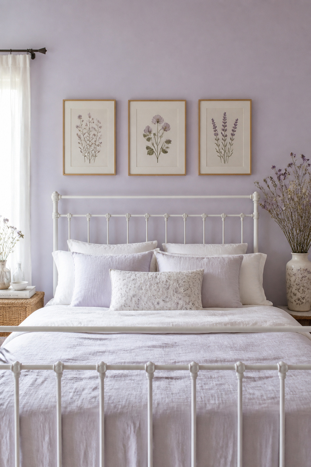 Soft lavender bedroom walls carry a consistent association with rest and calm, especially effective in east-facing rooms that fill with cool morning light.