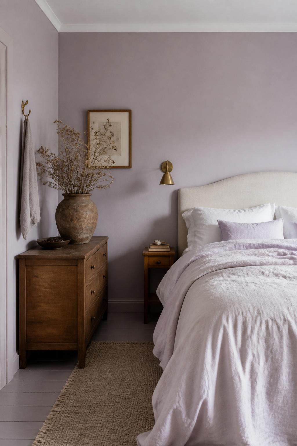 Lilac bedroom paint colors work beautifully when grounded with warm wood, cream linen, and earthy textures — preventing the palette from reading as juvenile.