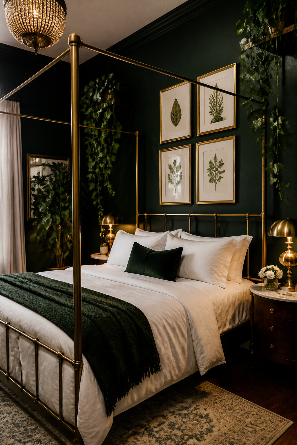 Deep forest green bedroom walls tap into biophilic design principles, surrounding the sleeper with a nature-immersive color that promotes rest and restoration.