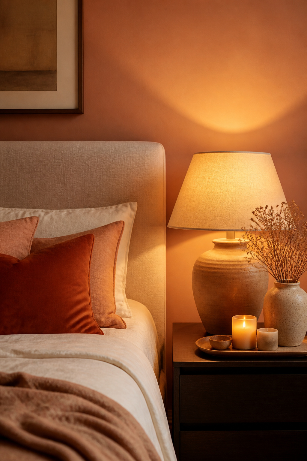 Warm peach bedroom walls create a golden-hour effect under lamp light — intimate and naturally warm regardless of the actual light source.