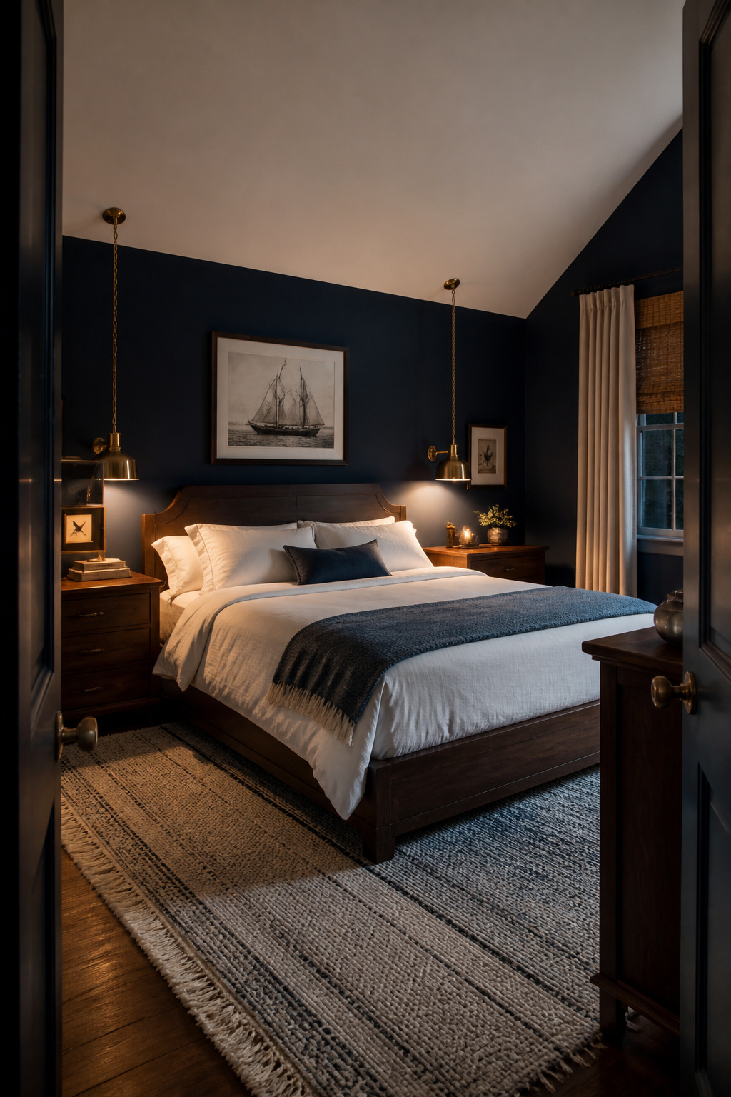 Navy bedroom walls create a cocooning, shelter-like atmosphere — particularly effective when offset with warm lighting and white bedding.