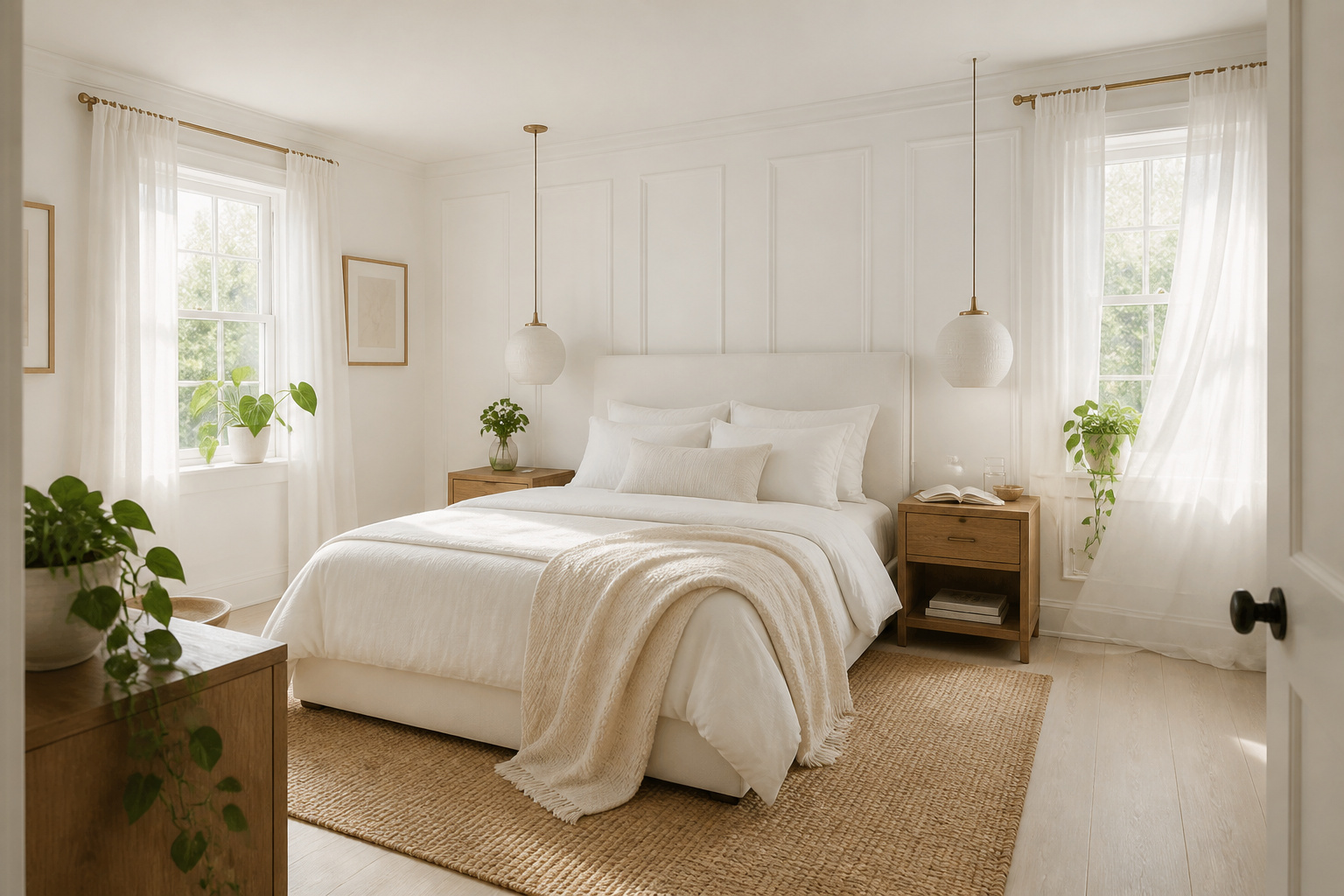 A layered white bedroom with panelled walls, linen bedding, warm wood accents, and healthy plants — the complete white bedroom decor scheme that supports calm and genuine rest.