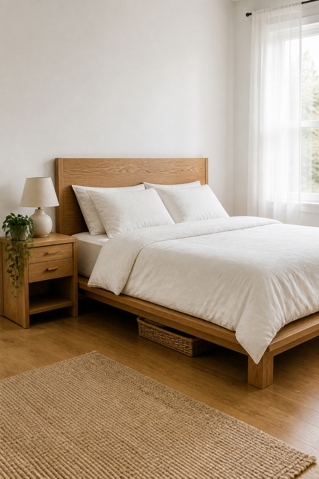 Natural oak or walnut elements bring warmth and grounding to white bedroom decor, preventing the palette from feeling cold or clinical.