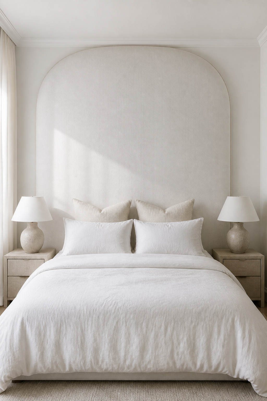 A large white linen upholstered headboard brings hotel-level softness and structure to a white bedroom without competing with the palette.