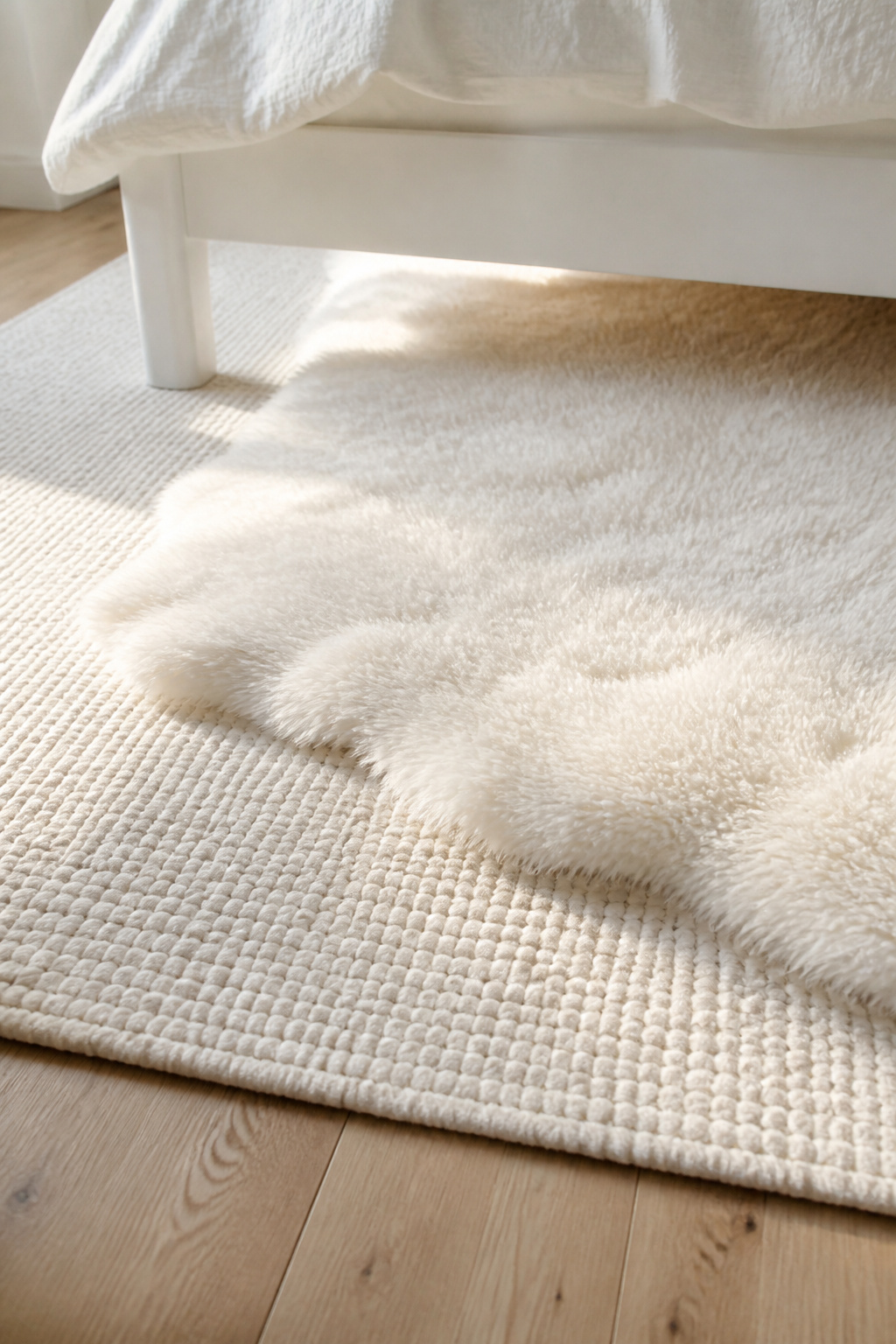 Layering two white rugs — one textured flatweave and one thicker pile or sheepskin — builds warmth and visual depth into white bedroom decor without adding color.