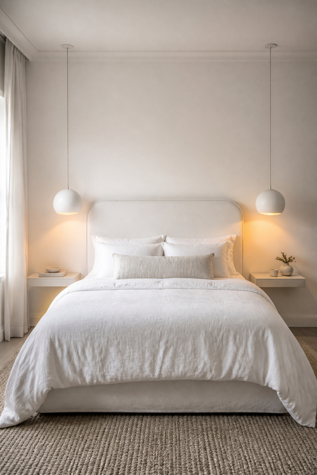 Paired pendant lights over the bed add sculptural detail and warm ambient light to a white bedroom at night.