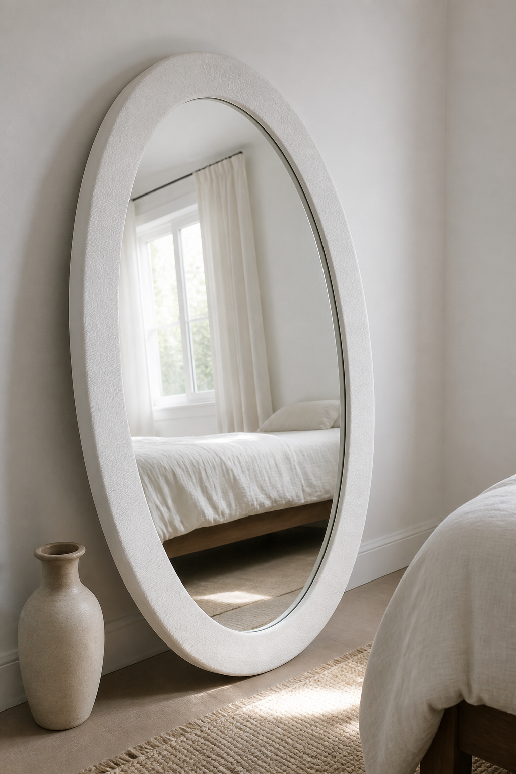 A large white-framed mirror multiplies natural light and adds a considered focal point to white bedroom decor without visual weight.