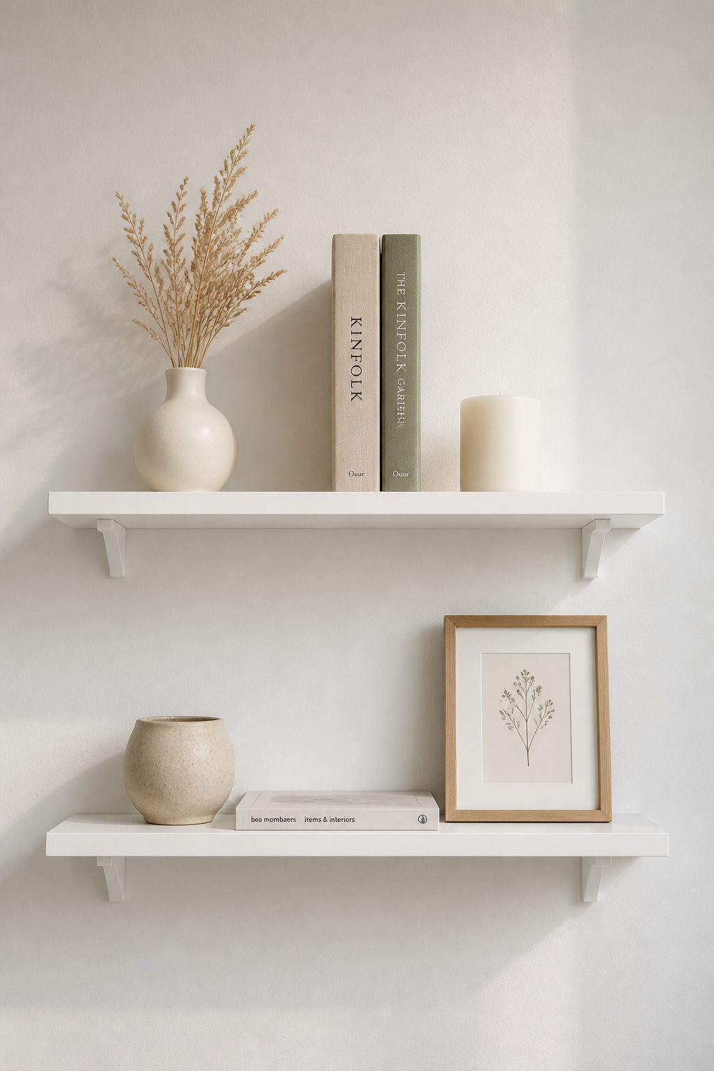 White floating shelves styled with a few deliberate objects serve as both functional storage and refined bedroom decor.