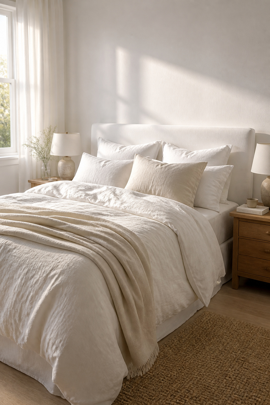 Layered all-white linen bedding creates a tactile depth that reads as luxurious while staying breathable and easy to care for.