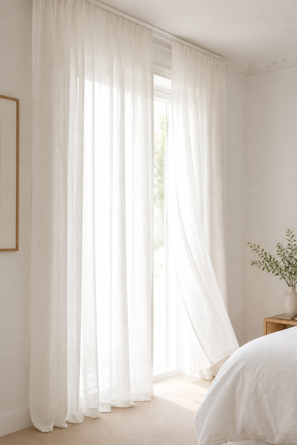 Sheer white linen curtains soften incoming light, maximize the sense of space, and add movement that makes a white bedroom feel gently alive.
