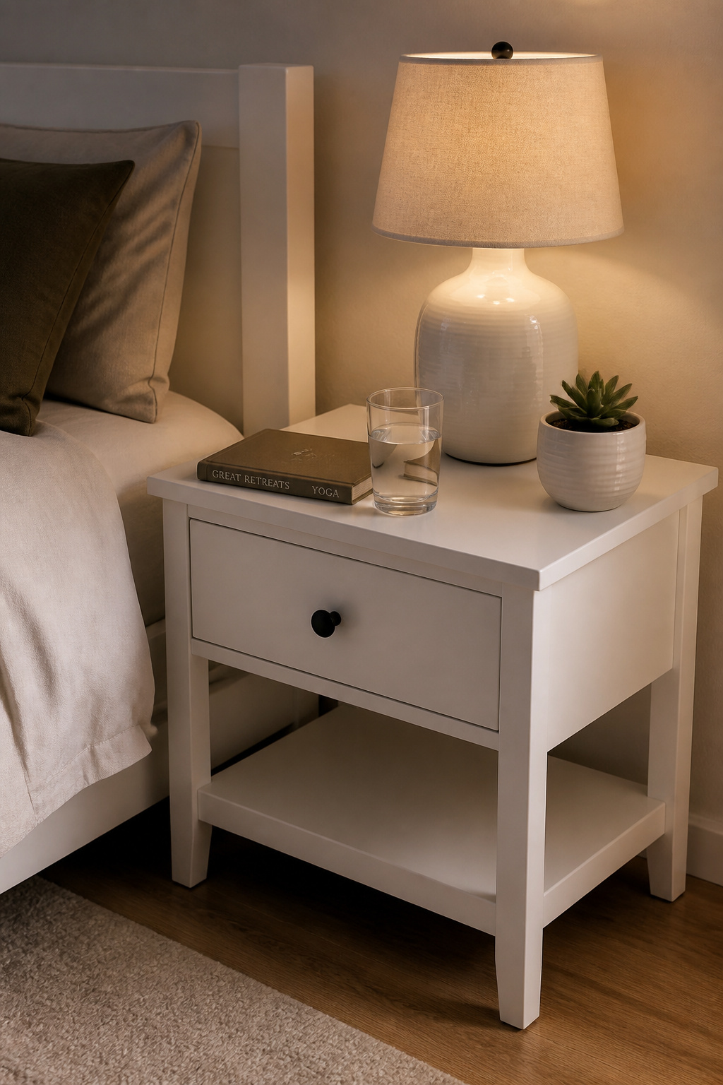 A white nightstand styled with just a few deliberate objects grounds white bedroom decor with function and calm visual order.