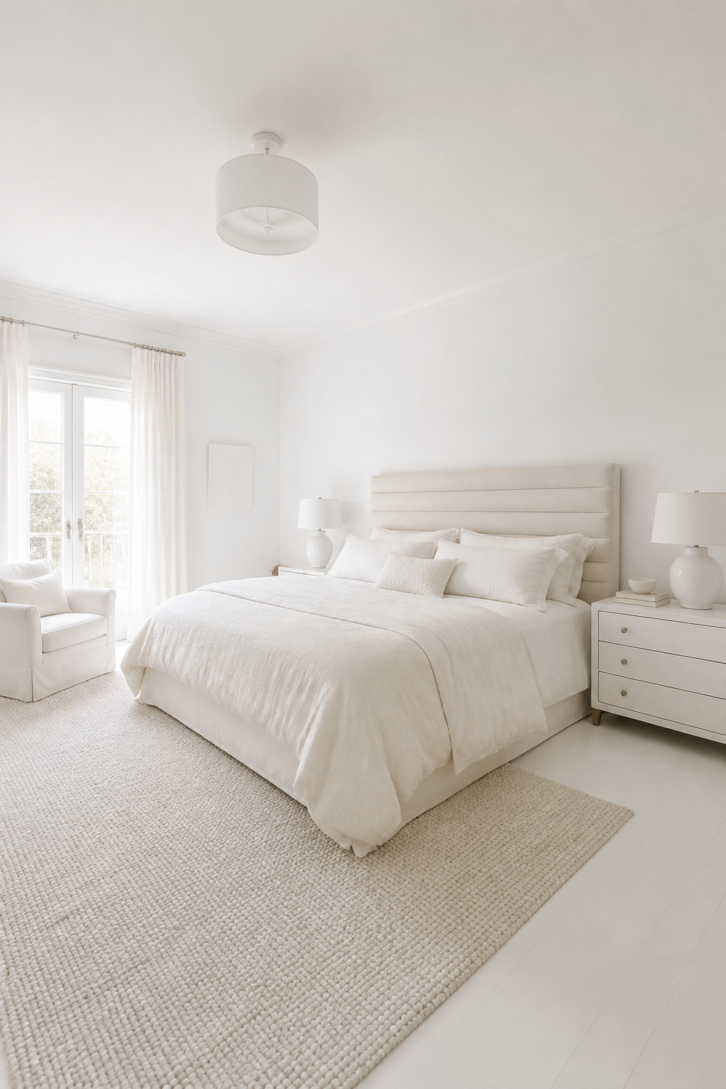 Using multiple tones of white — bright, ivory, cream, and warm off-white — across different surfaces creates sophisticated depth in white bedroom decor.