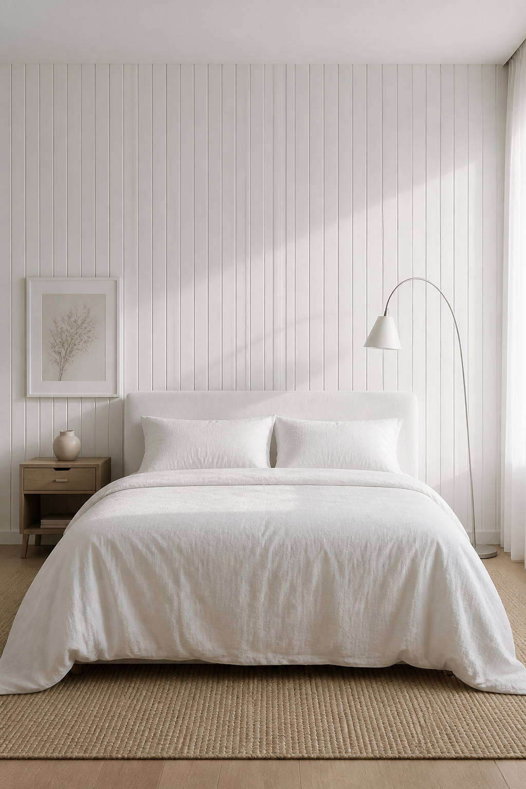 White wall panelling adds architectural depth and soft shadow detail that brings a white bedroom to life without any color.
