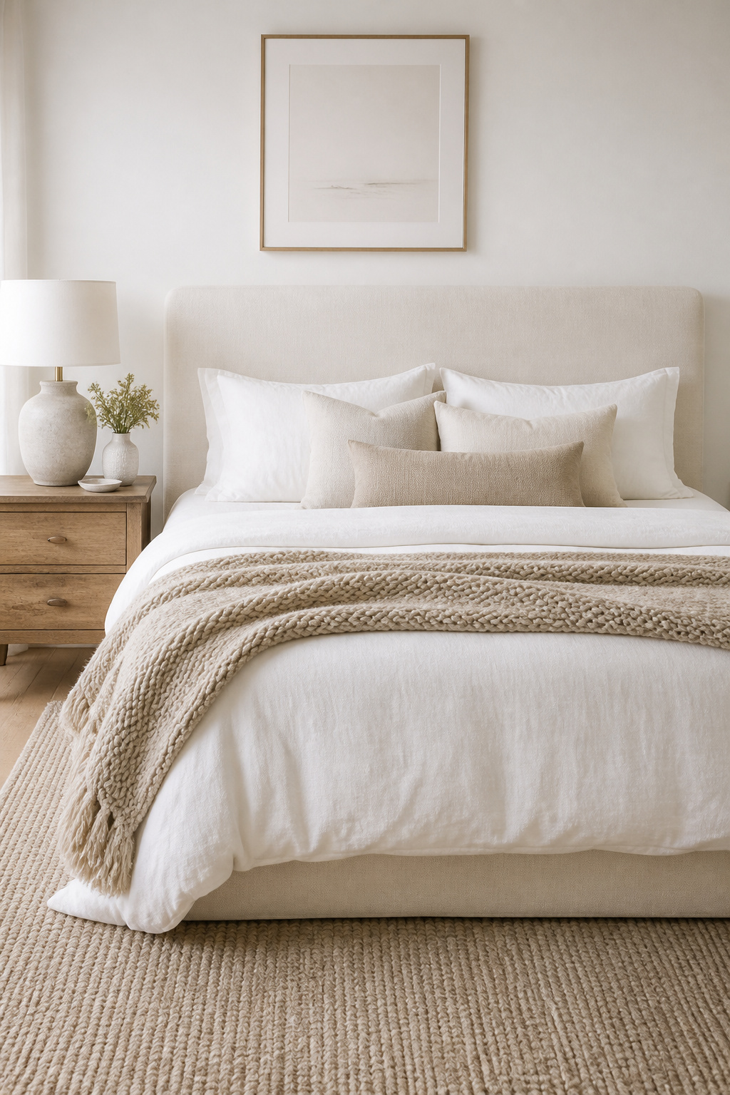 Layering ivory, oatmeal, and pale natural tones within a white bedroom palette creates warmth and depth without introducing a contrasting color.