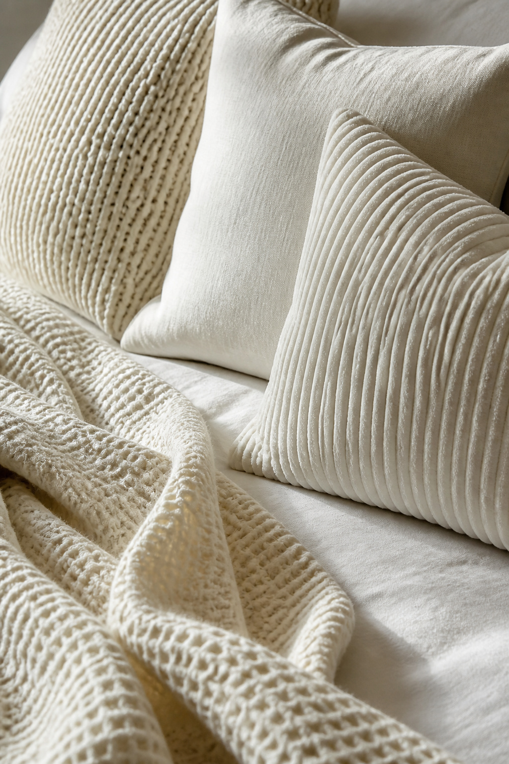 Mixing white cushions in chunky knit, smooth linen, and ribbed velvet creates a layered, tactile depth that makes a white bedroom feel genuinely luxurious.