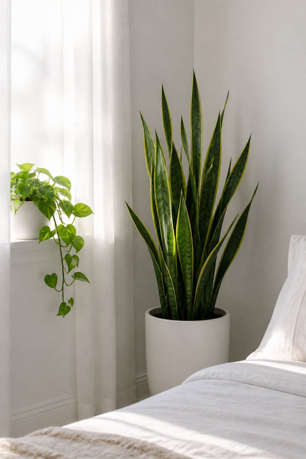 A tall architectural plant paired with a trailing form adds life and organic calm to white bedroom decor without disrupting the serene palette.