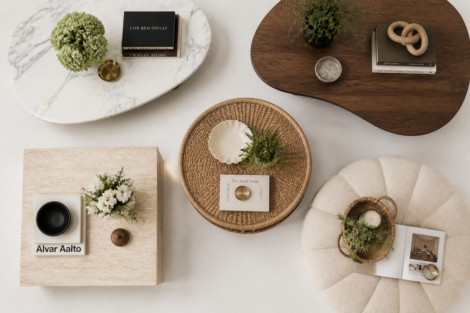 A curated flat-lay of five coffee table design styles — from marble to walnut to rattan — offers a visual guide to choosing the right piece for your living room.