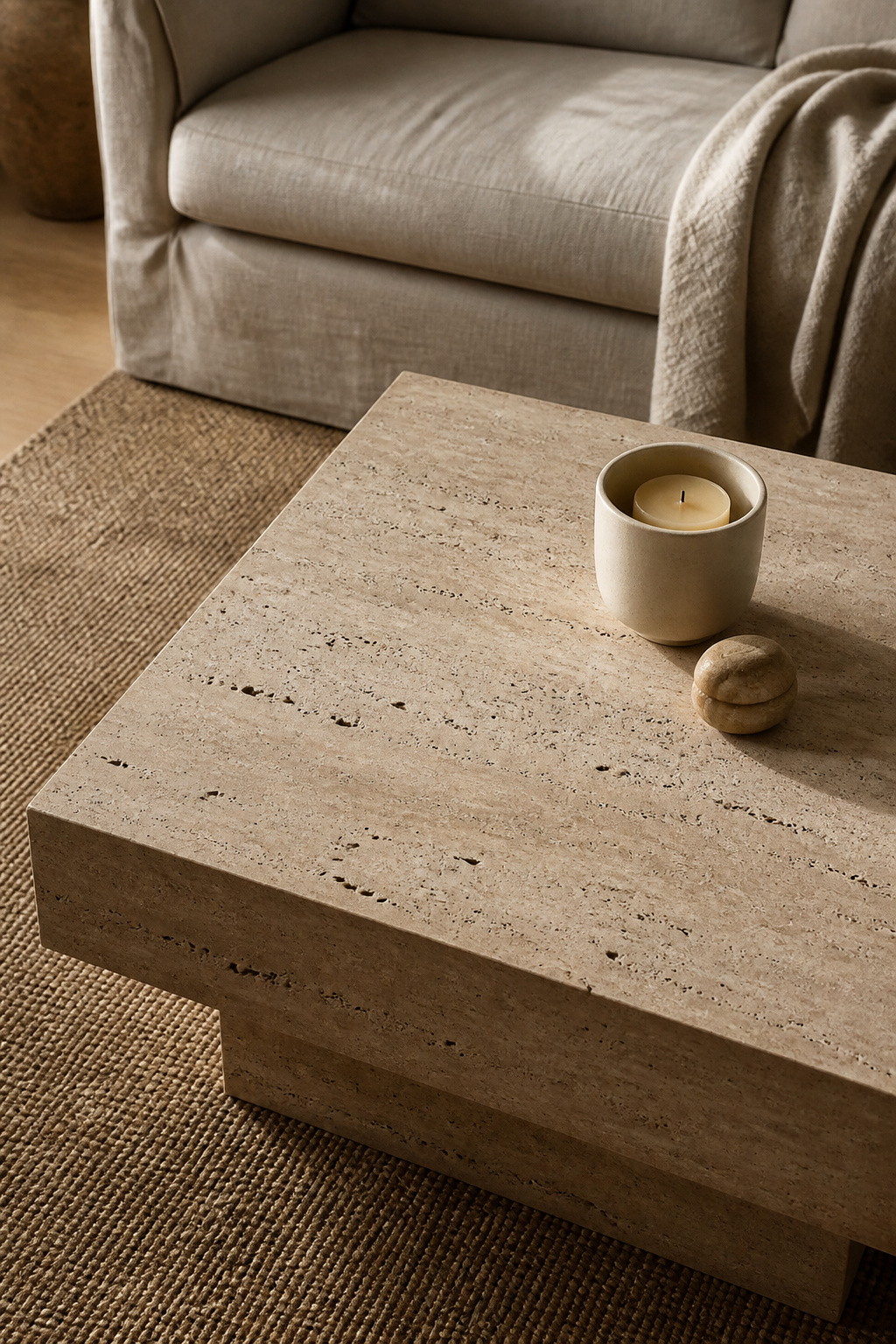 A honed travertine coffee table with natural fill holes shows its characteristic texture in a warm, understated contemporary living room.