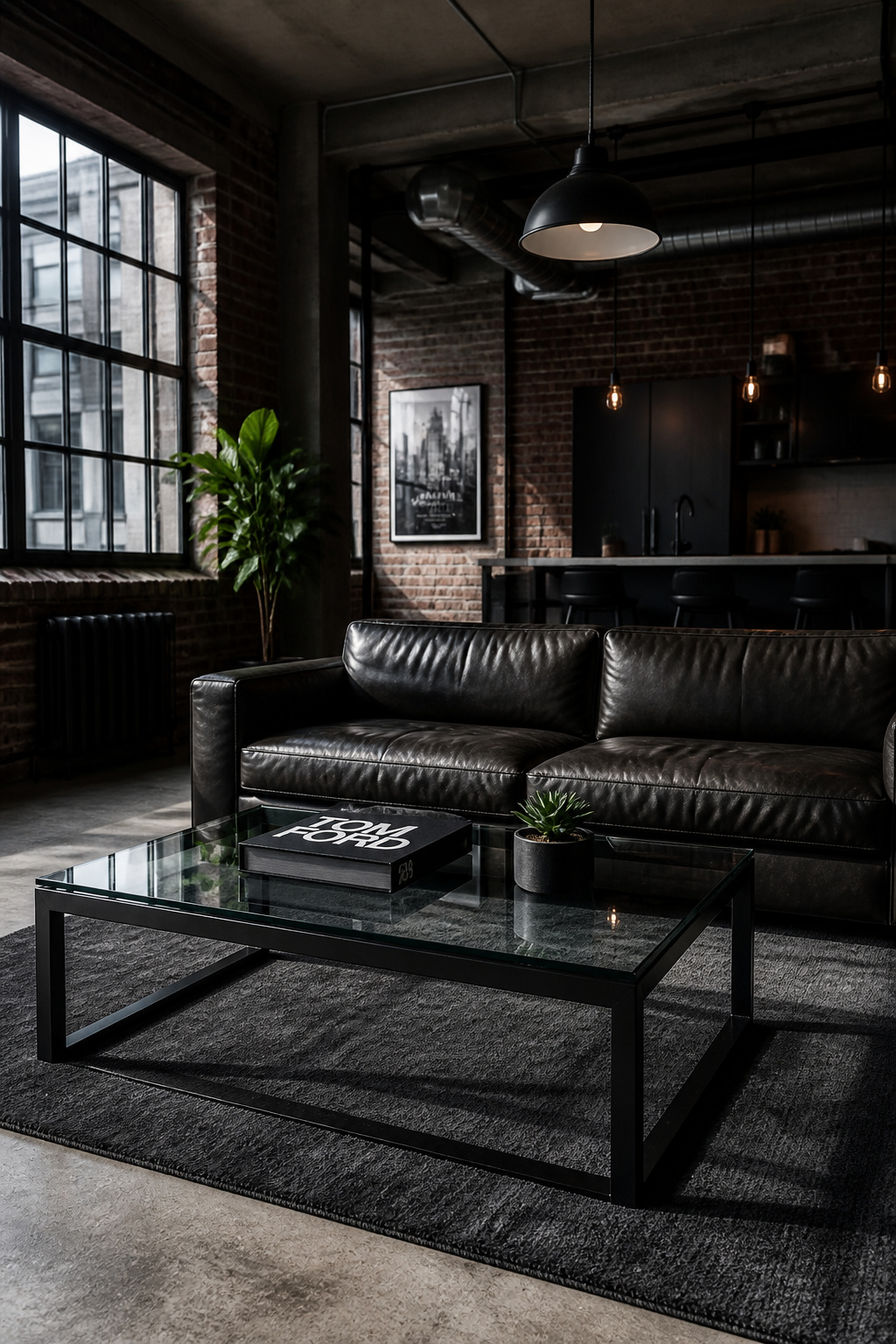A matte black steel and glass coffee table anchors an industrial loft living room, pairing naturally with leather furniture and exposed brick.