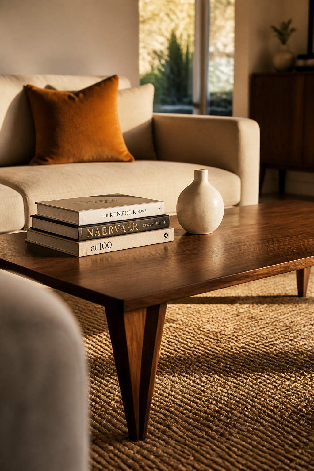 A beautifully grained mid-century walnut coffee table on tapered legs, styled simply with books and a ceramic vase for a timeless living room look.