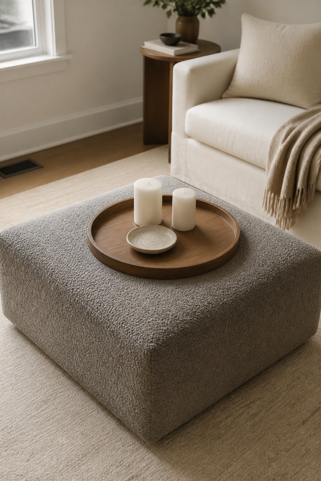 A boucle upholstered ottoman with a round tray creates a soft, inviting coffee table alternative that changes the feel of the entire living room.