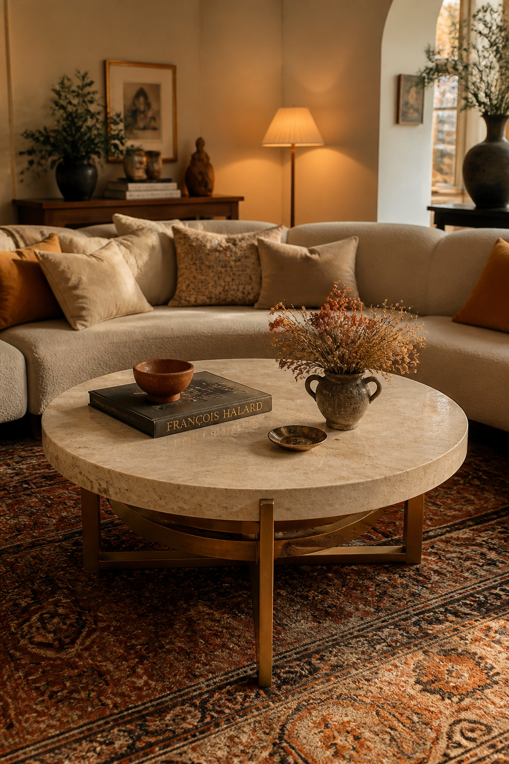 A round travertine-topped coffee table with brass legs softens an eclectic living room's geometry and feels at home with a curved sectional and warm textiles.