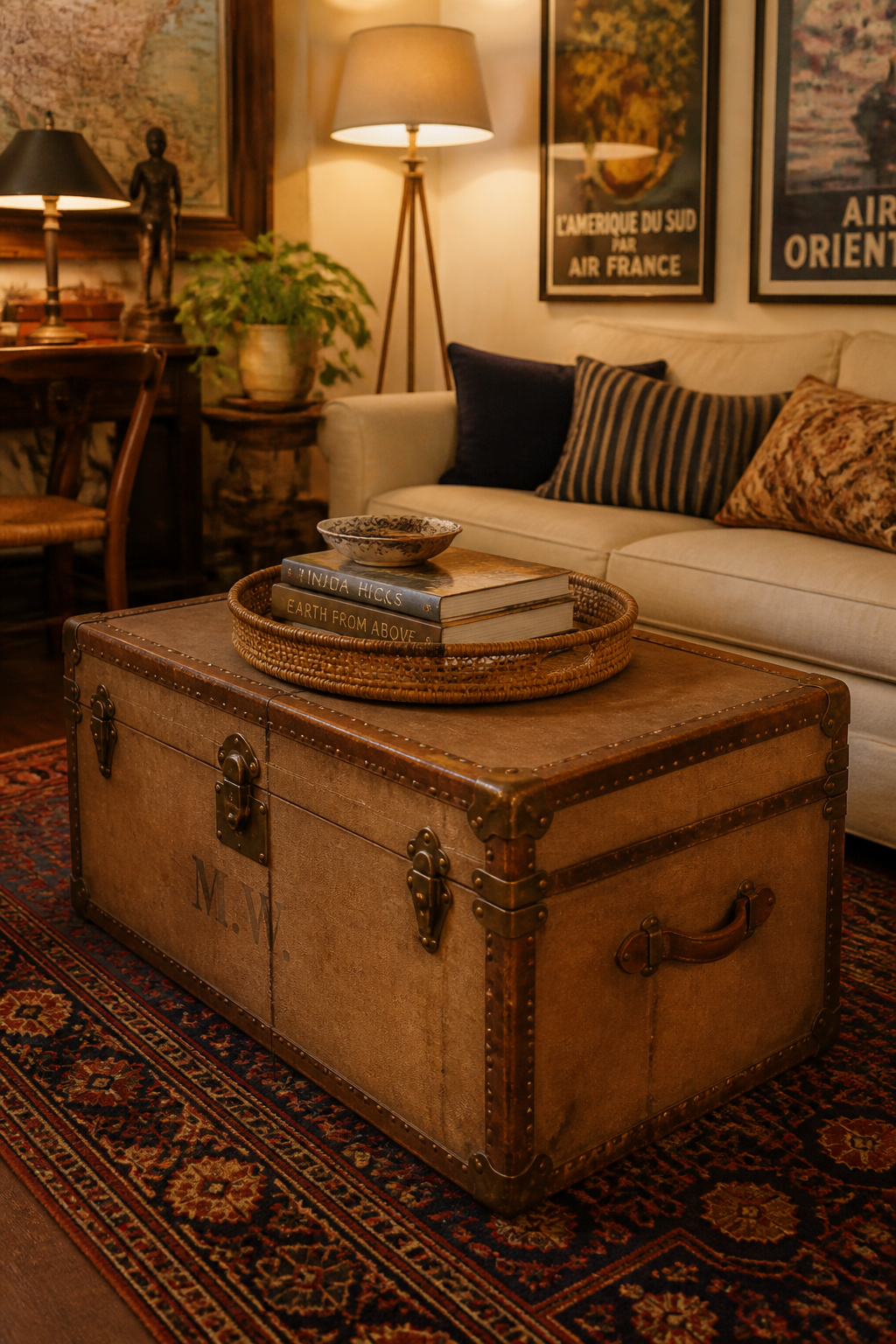 A vintage steamer trunk repurposed as a coffee table brings irreplaceable character and generous hidden storage to an eclectic living room.