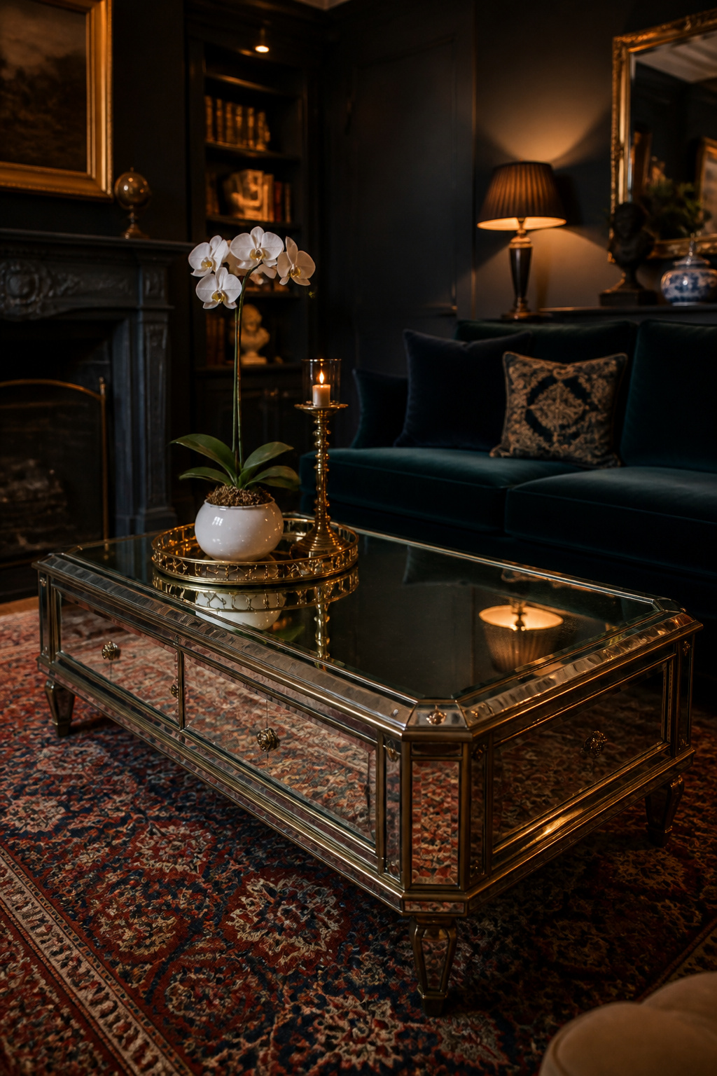 An antique mirrored coffee table with brass detailing reflects warm light around a dark, dramatic living room, proving that mirrored furniture belongs in considered spaces.