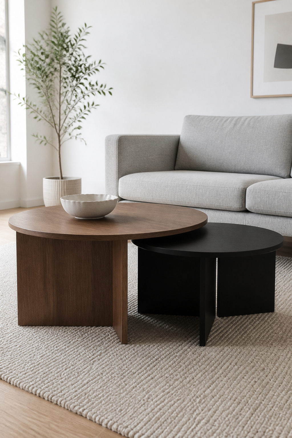 A walnut and steel nesting table set shows how two different materials and heights create visual interest while allowing flexible placement in a living room.