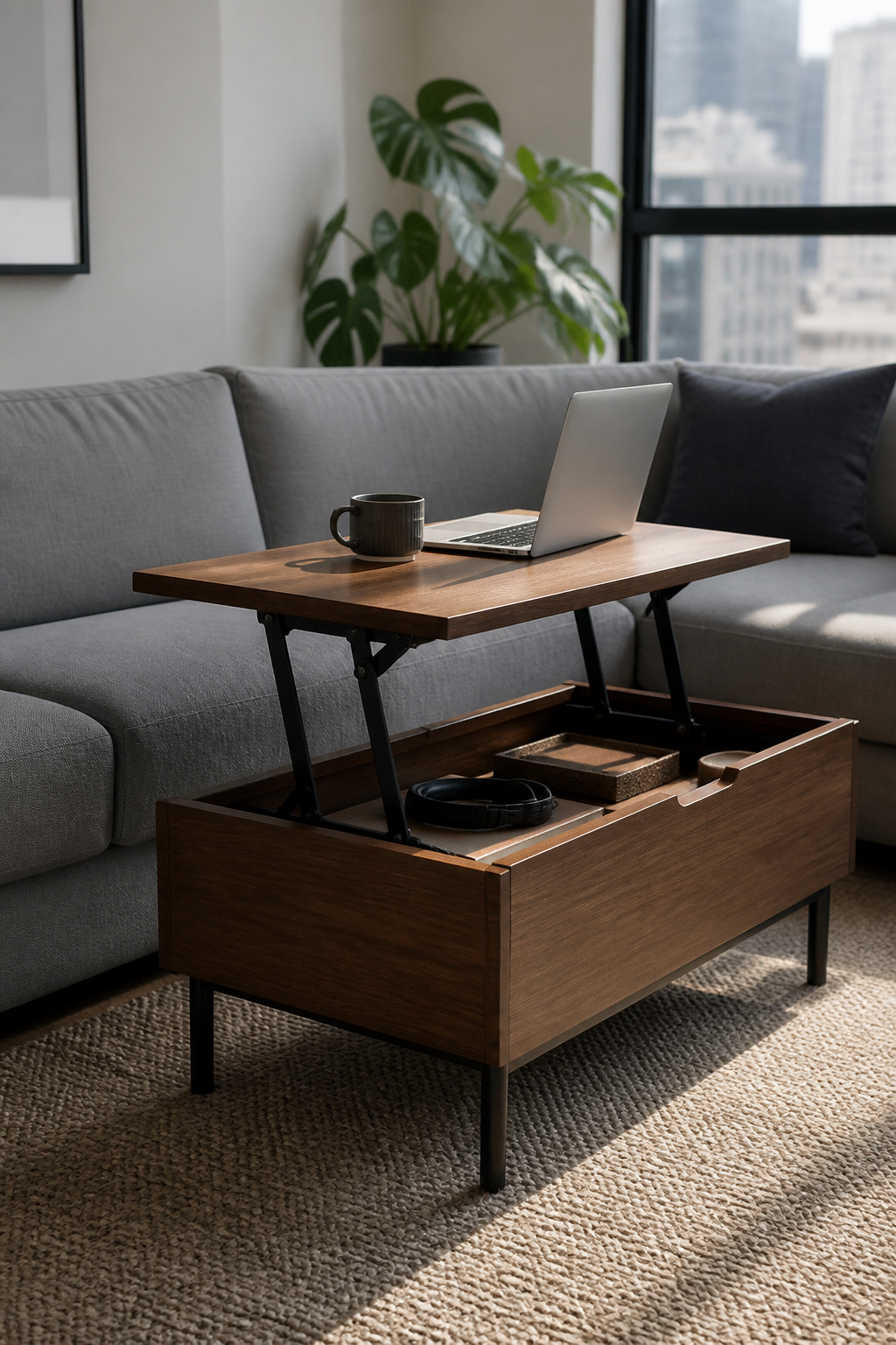 A lift-top coffee table raised to working height shows how one well-designed piece functions as both coffee table and workspace in a compact living room.