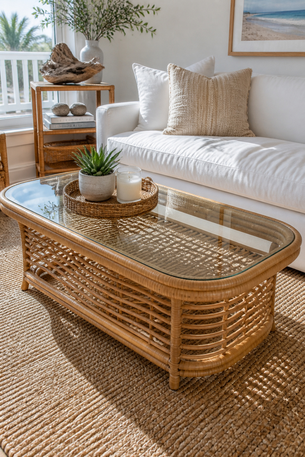 A natural rattan coffee table with glass top brings organic texture to a coastal living room, styled with a simple tray and potted succulent.