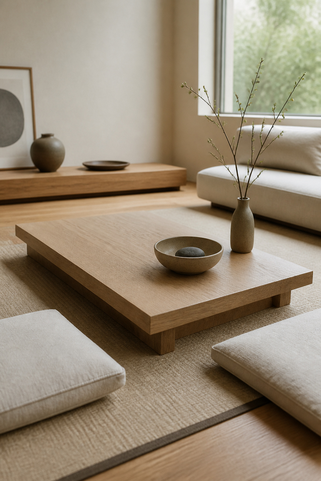 A low pale oak coffee table in a Japandi living room shows how minimal design can still feel warm and intentionally human through honest materials and thoughtful editing.