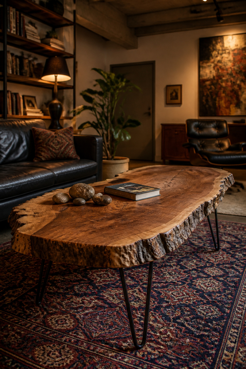 A live-edge walnut slab coffee table on hairpin legs brings irreplaceable natural character to an eclectic living room.